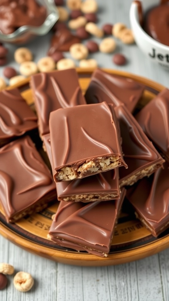Homemade chocolate Jet-Z snack bars coated in milk chocolate, arranged on a wooden plate.